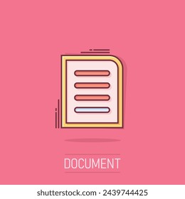 Contract document icon in comic style. Report folder stamp cartoon vector illustration on isolated background. Paper sheet splash effect sign business concept.