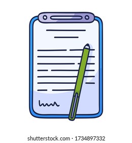 Contract Document Icon In Doodle Style. Hand Drawn Cartoon Agreement Arrangement Property Mortgage Loan Money With Pen