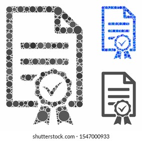 Contract document mosaic of small circles in different sizes and color tinges, based on contract document icon. Vector small circles are composed into blue mosaic.