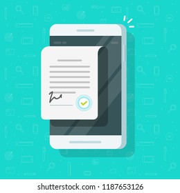 Contract Document On Smartphone Vector Illustration, Flat Cartoon Agreement Document On Mobile Phone With Signature And Approval Stamp, Business Legal Doc And Sign On Cellphone