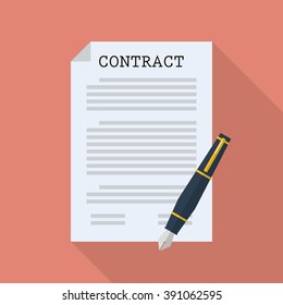 Contract document paper with pen. Flat style with long shadow