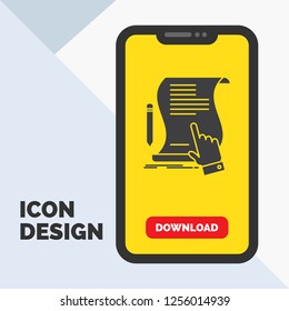 contract, document, paper, sign, agreement, application Glyph Icon in Mobile for Download Page. Yellow Background