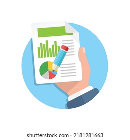 Contract document with pencil in hand illustration in flat style. Report vector illustration on isolated background. Paper sheet sign business concept.