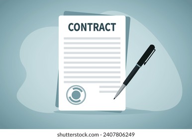 Contract document with rubber stamp and pen. Sign contract concept. Flat style design vector illustration isolated on blue background