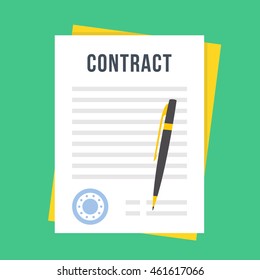 Contract document with rubber stamp and pen. Sign contract concept. Flat style design vector illustration isolated on green background