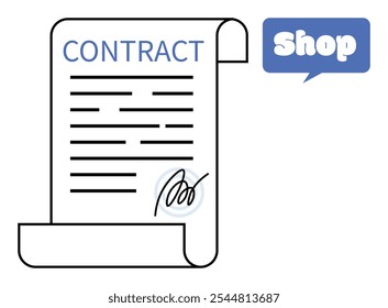 Rolagem do documento do contrato com texto preto e assinatura na parte inferior. Bolha de notificação da Blue Shop na parte superior direita. Ideal para comércio eletrônico, serviços jurídicos, contratos digitais, on-line