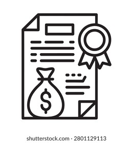 Contract Document With Seal And Money Bag Black Line Icon