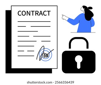 Contract document with signature lock symbol and person pointing included. Ideal for legal agreements, document security, business deals, contractual obligations and e-signatures themes. Minimalist