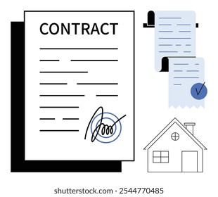 Documento do contrato com assinatura, recibo com marca de seleção e estrutura de tópicos da casa. Ideal para imóveis, contratos legais, compra de casas, documentação e temas de assinatura de contratos. Estilo mínimo limpo