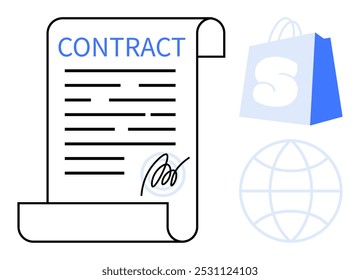 Um documento de contrato com uma assinatura, uma sacola de compras com uma letra S e um símbolo de globo. Ideal para negócios, comércio eletrônico, contratos legais, transações on-line e temas de marketing digital. Simples