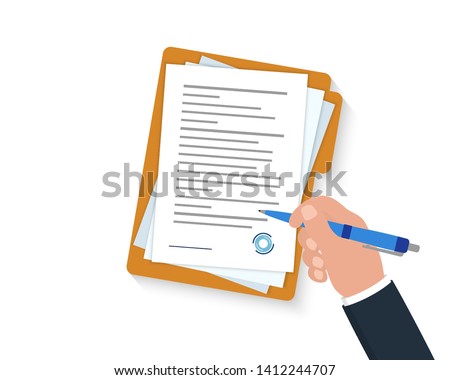 Contract or document signing. Businessman hand holding and signing business contract paper. Clipboard with sheet of paper and pen. Business concept, vector illustration. 