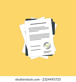 Contract or document signing icon. Flat cartoon stack of agreements document, folder with approval stamp and text. File group set. Vector line icon for Business and Advertising.