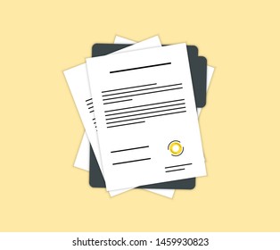 Contract or document signing icon. Document, folder with stamp and text. Contract conditions, research approval validation document. Contract papers. Document.  Folder with stamp and text.