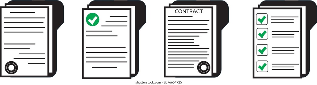 Contract or document signing icon. Document Symbol Set. Contract conditions, research approval. Document vector icons isolated design. Flat style icons set.Vecor