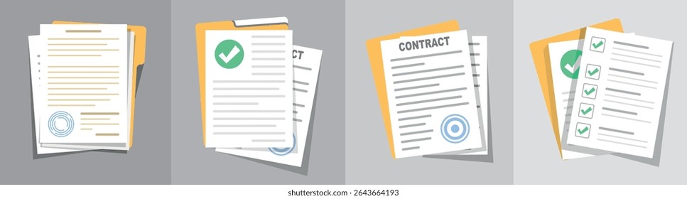Contract or document signing icon. Document Symbol Set. Contract conditions, research approval. Document vector icons isolated design. Flat style icons set. Vector