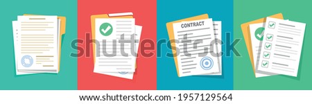 Contract or document signing icon. Document Symbol Set. Contract conditions, research approval. Document vector icons isolated design. Flat style icons set.Vecor