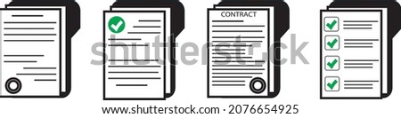 Contract or document signing icon. Document Symbol Set. Contract conditions, research approval. Document vector icons isolated design. Flat style icons set.Vecor