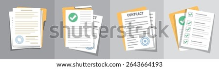 Contract or document signing icon. Document Symbol Set. Contract conditions, research approval. Document vector icons isolated design. Flat style icons set. Vector