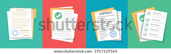 Contract or document signing icon.\
Document Symbol Set. Contract conditions, research approval.\
Document vector icons isolated design. Flat style icons\
set.Vecor