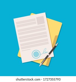 Contract Or Document Signing Icon. Vector Flat Illustration Isolated On White Background