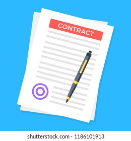 Contrato. Documento con sello y pluma. Firma un concepto de contrato. Ilustración vectorial moderna