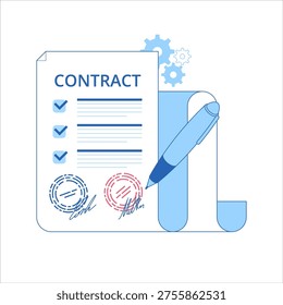 Contract document with stamps and pen approval and signing process. Legal paperwork concept Business agreement, verification and official authorization in corporate documentation workflow