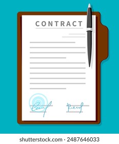 Contract document, vector detailed signed contract on a clipboard with a pen, representing legal agreements, business deals. Official paper contains commitment and formalities in professional setting