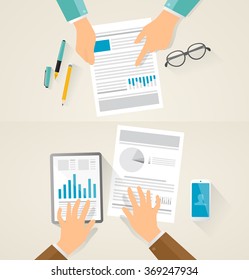Contract and documentation on desk, hand pointing on details, mobile devices and pencils. Vector created illustration of business situation, discussion, contract. showing to other person.