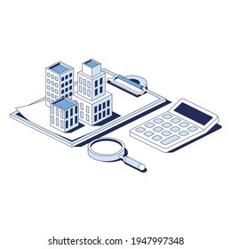 Contract documentation, real estate, calculator, magnifier, stroke illustration. Vector 3d line isometric, web icons, blue color. Creative design idea for infographics.