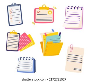 Contract documents and folders set. Documents with paper sheets, signatures and sticky notes. Employment business and finance. Hiring. Vector cartoon illustration isolated on a white background. 