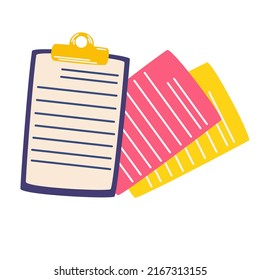 Documentos del contrato. Documentos con hojas de papel, firmas y notas adhesivas. Empresas de empleo y finanzas. Contratación. Ilustración de dibujos animados vectoriales aislada sobre un fondo blanco.