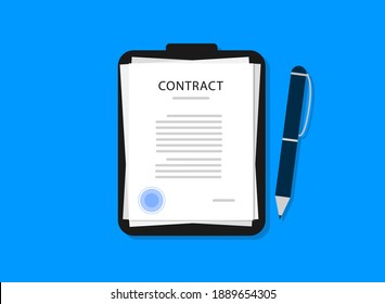 Contract. Documents with pen in a flat style. Contract with stamp.