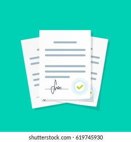Contract documents pile vector illustration, flat cartoon stack of agreements document with signature and approval stamp, concept of paperwork, business doc