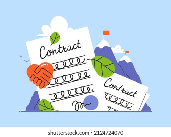 Documentos de contrato con firma y sello. Ilustración vectorial de estilo plano para conceptos exitosos de firma de acuerdos legales o acuerdos comerciales