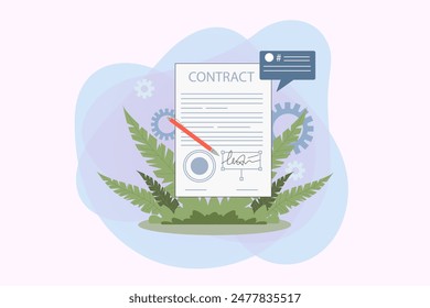 Contract with electronic signature vector illustration. Formal agreement with pen. Signing documents, paperwork, online app, modern technology concept