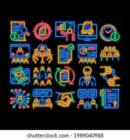 Vector de señalización de luz de neón de los elementos del contrato. Icono brillante Silueta Humana Y Manos, Apretón De Manos Y Contrato Documento De Contrato Con Ilustraciones De Pluma