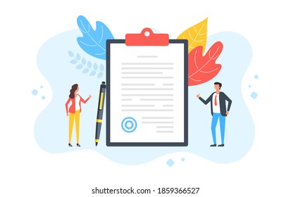 Contract. Group of people with thumbs up and clipboard with document and pen. Agreement, business deal, partnership, job offer, application form concepts. Modern flat design. Vector illustration