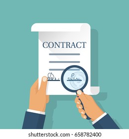 Contract in hands. Holding magnifying glass, studying terms of agreement. Signing business document. Inspection legal paper. Successful deal. Vector illustration flat design. Isolated on background.