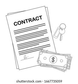 Contract, house keys and money. Isolated vector illustration on white background. Signing a paper document. Real estate agent. Mortgage and sale of real estate. Partnership, cooperation. Linear style.