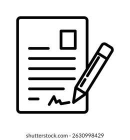 Ícone do contrato em preto, estilo simples isolado no fundo branco