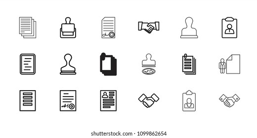 Contract icon. collection of 18 contract outline icons such as stamp, resume, paper, document, signed document, handshake. editable contract icons for web and mobile.