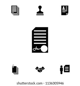 Contract icon. collection of 7 contract filled icons such as stamp, man and document, resume, paper, document, handshake. editable contract icons for web and mobile.
