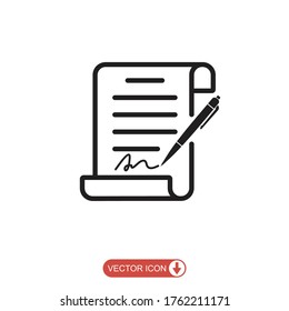 Contract Icon in flat style. Pen signing a contract with signature, paper,document, page icon vector element isolated on white background, certificate business concept.