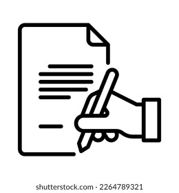 Contract Icon. Hand holding pen write on contract document. Outline style. Vector. Isolate on white background.