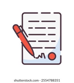 Contract Icon illustration. Flat line color icon of red pen signing a document with a signature and seal. Colored Outline Icons.