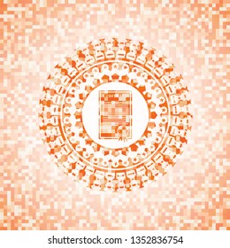 contract icon inside abstract emblem, orange mosaic background