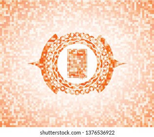 contract icon inside abstract emblem, orange mosaic background