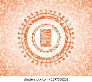 contract icon inside abstract emblem, orange mosaic background