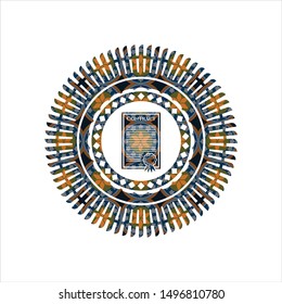 contract icon inside arabic badge. Arabesque decoration.