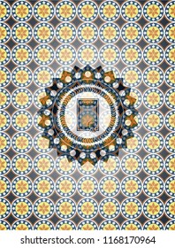 contract icon inside arabic style emblem. Arabesque decoration.